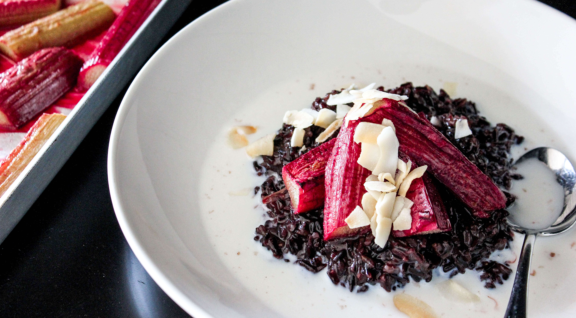 Black rice pudding with roasted rhubarb