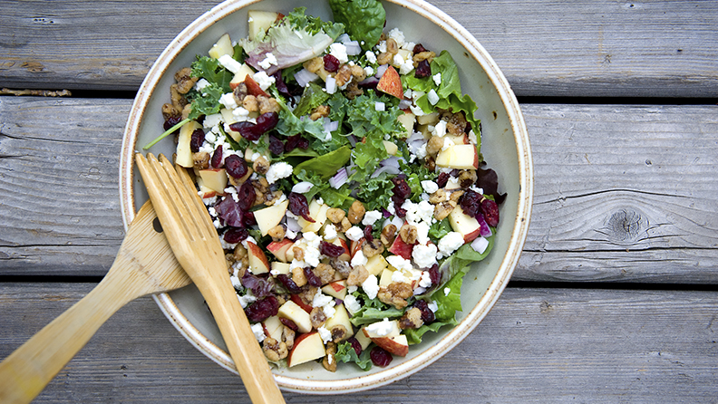 Greens, apples, cheese and nuts.