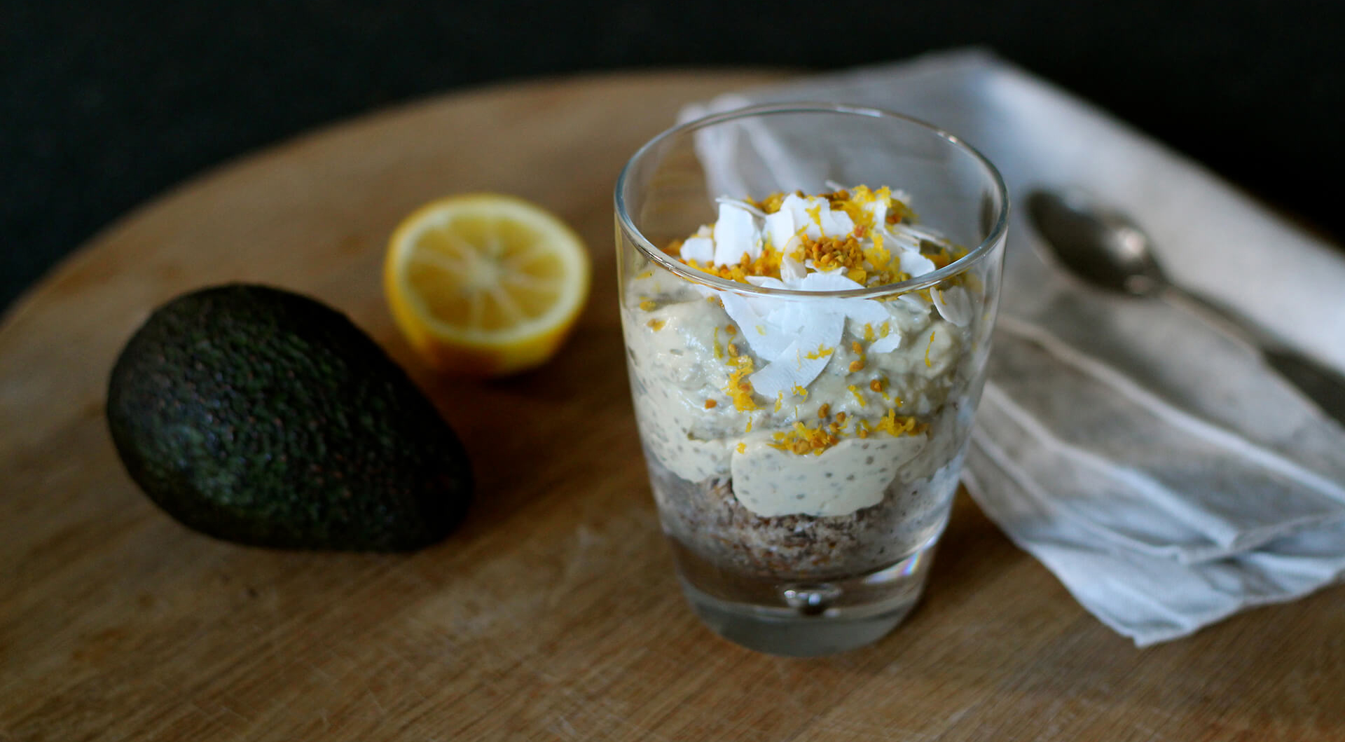 Overnight avocado, coconut and lemon treat