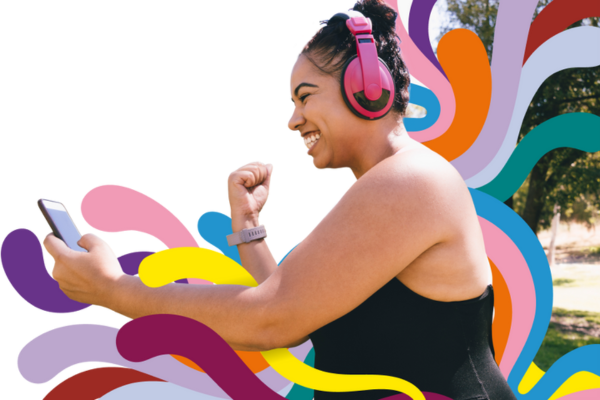 Woman looking at phone excited