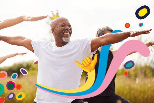 Happy man stretching during yoga