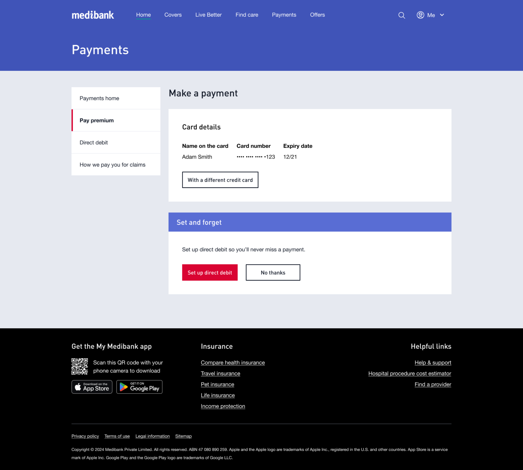 Setting up direct debit with your credit card in My Medibank online