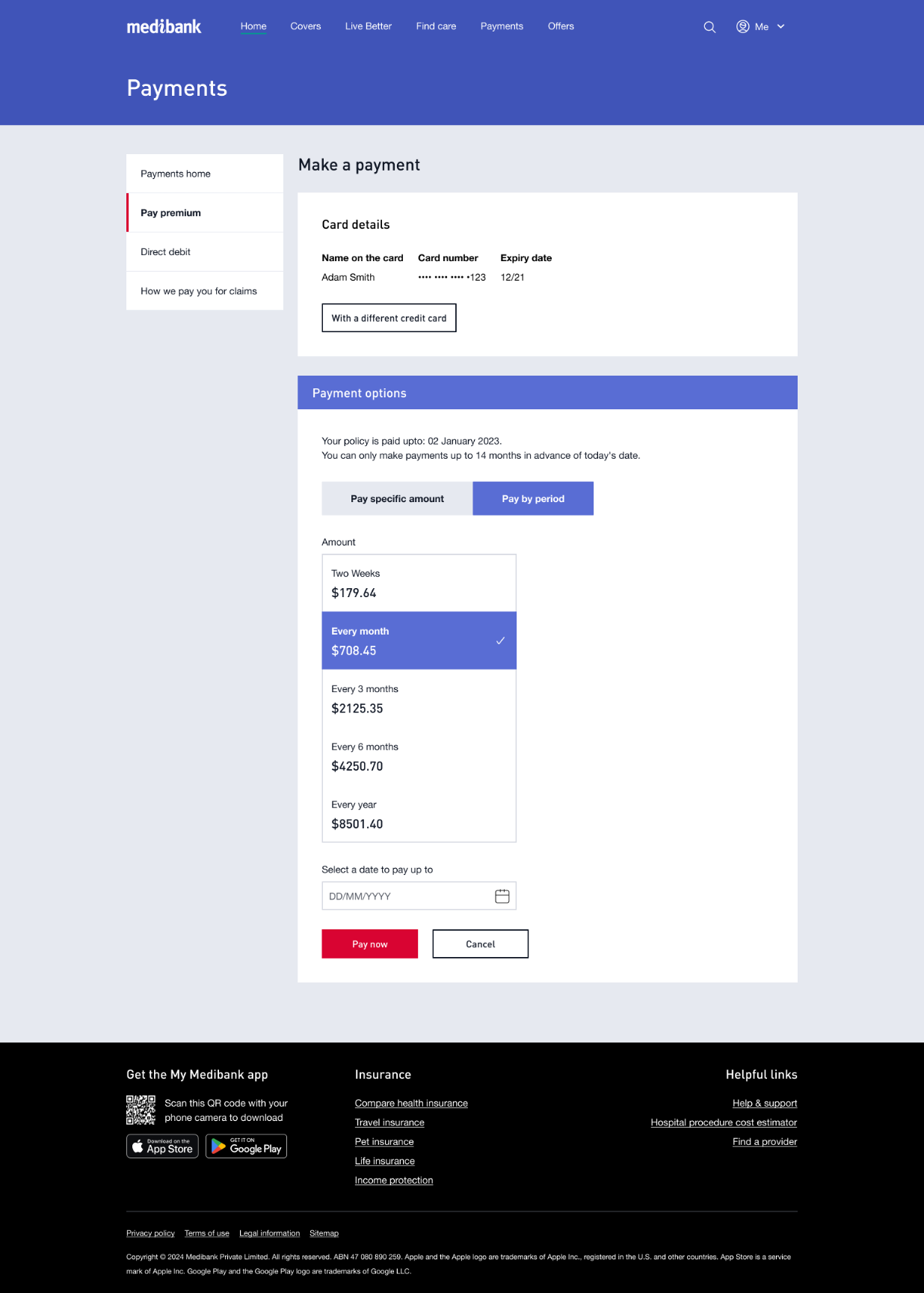 Selecting direct debit payment frequency and date in Medibank online