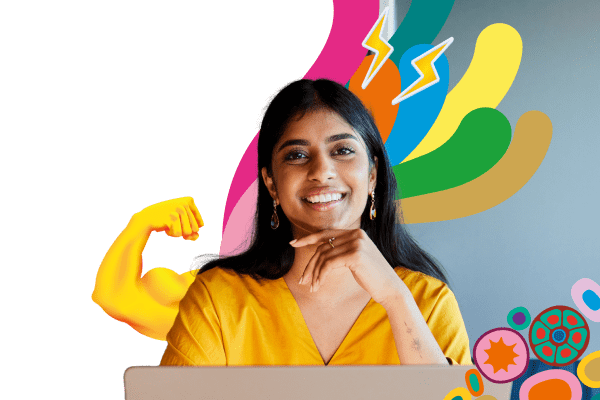 Happy overseas student sitting in front of a laptop